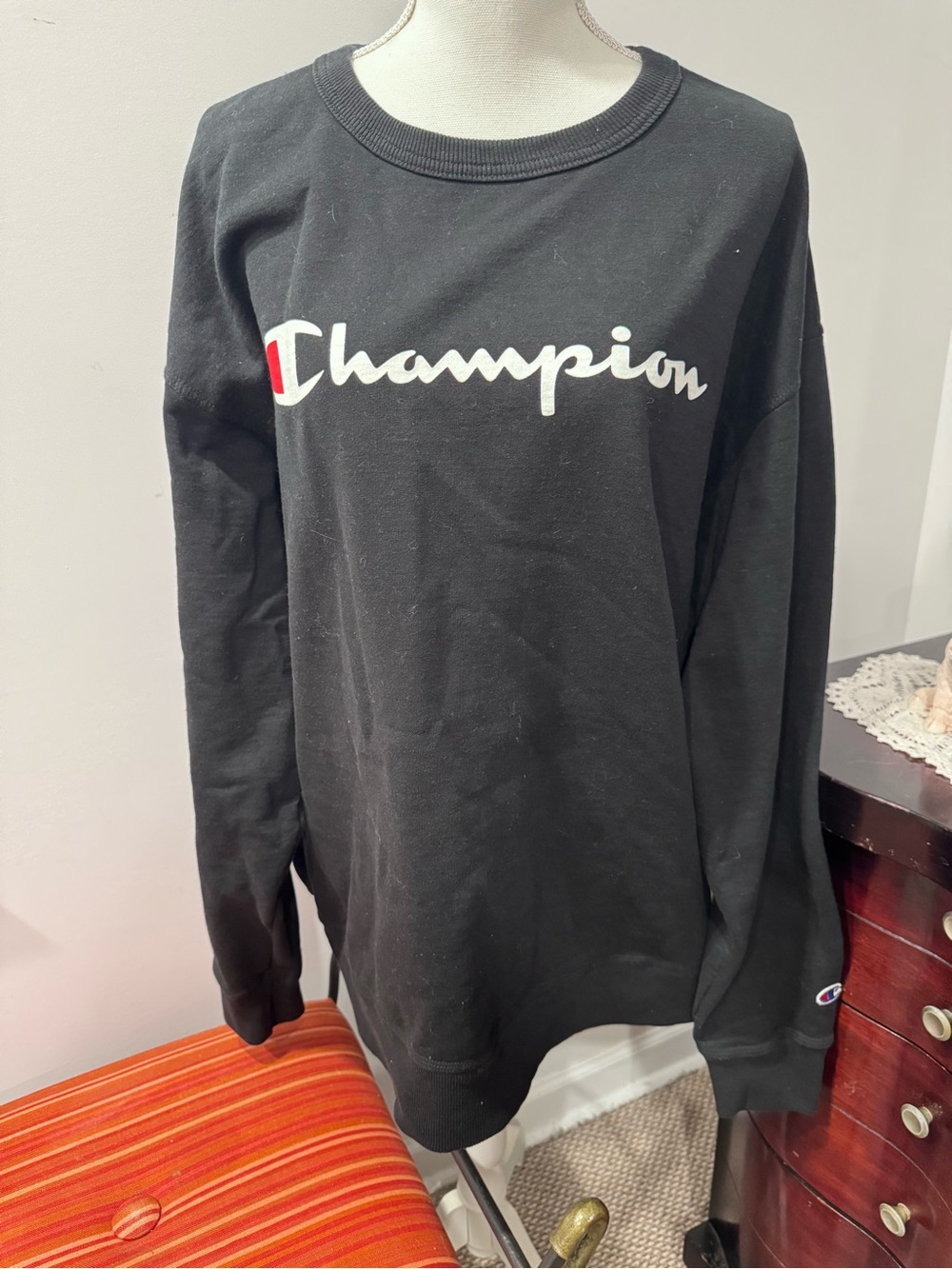 Champion Black Crewneck with White Script and Red Accent